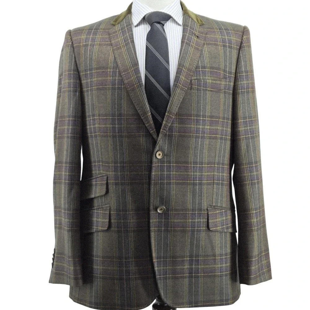 Ted Baker Sport Coat Mens 44 Brown Plaid Wool Tweed 2 Button Made In Italy
